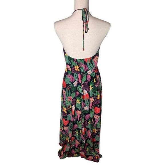 Betsey Johnson PAULINA TROPICAL PRINT HALTER MAXI DRESS IN RAVEN BLACK M - Picture 3 of 5